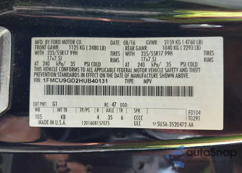 2017 Ford Escape Se z USA, uszkodzony, nr VIN 1FMCU9GD2HUB40131